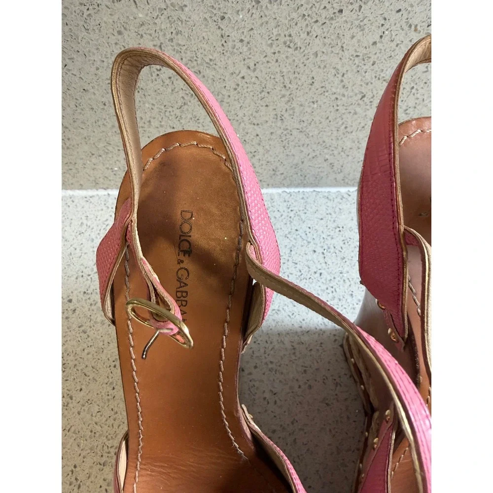 Dolce & Gabbana Pink Lizard Embossed Wood Wedge Sandals Studded Platform 41